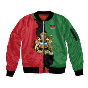 Malawi Flag Map Sleeve Zip Bomber Jacket Simple Malawi Emblem Coat of Arms - African Pride