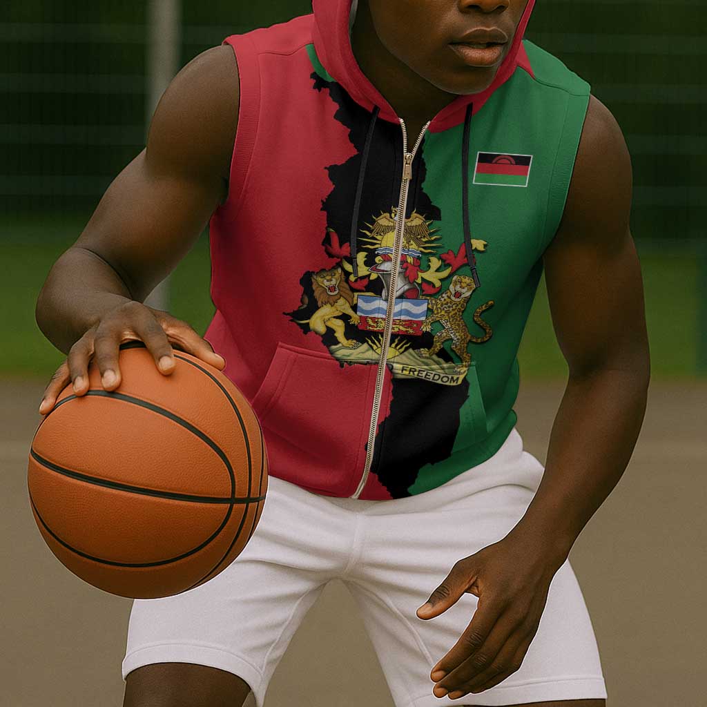 Malawi Flag Map Sleeveless Zip Hoodie Simple Malawi Emblem Coat of Arms - African Pride