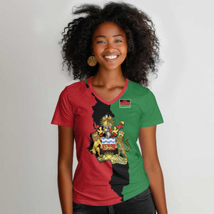 Malawi Flag Map Women V-Neck T-Shirt Simple Malawi Emblem Coat of Arms - African Pride