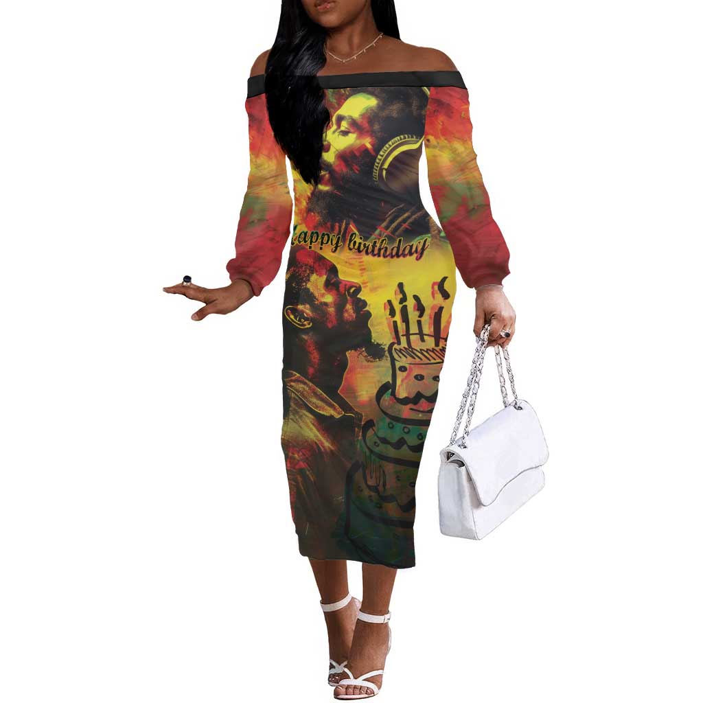 Happy Birthday King of Reggae Off The Shoulder Long Sleeve Dress