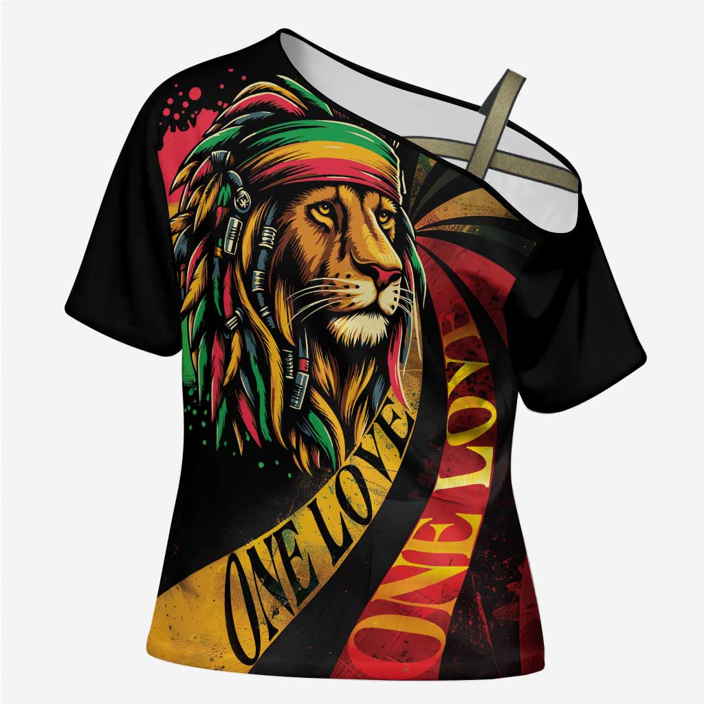 Black Jamaican Cross Shoulder Shirt Rastafarian Lion One Love