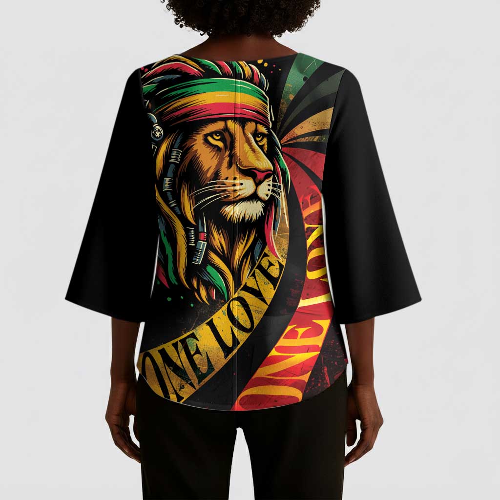 Black Jamaican Kimono Sleeve Blouse Rastafarian Lion One Love