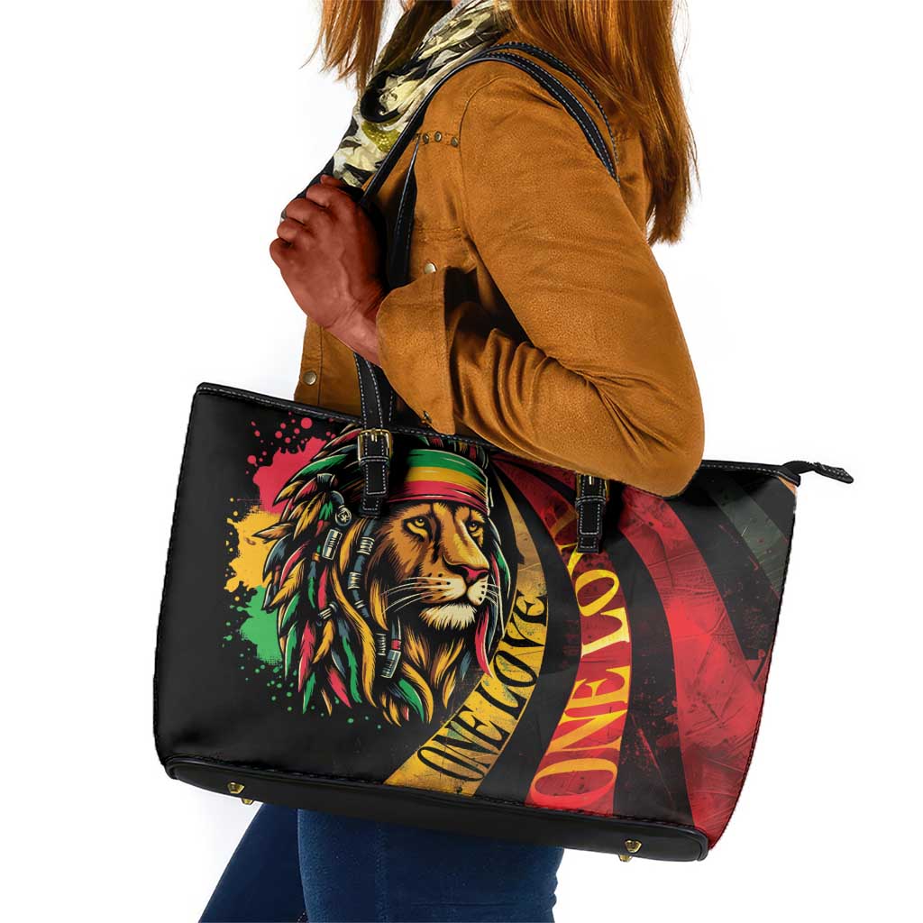 Black Jamaican Leather Tote Bag Rastafarian Lion One Love
