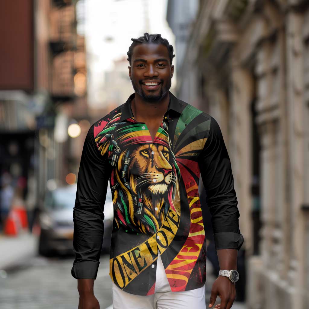 Black Jamaican Long Sleeve Button Shirt Rastafarian Lion One Love LT9