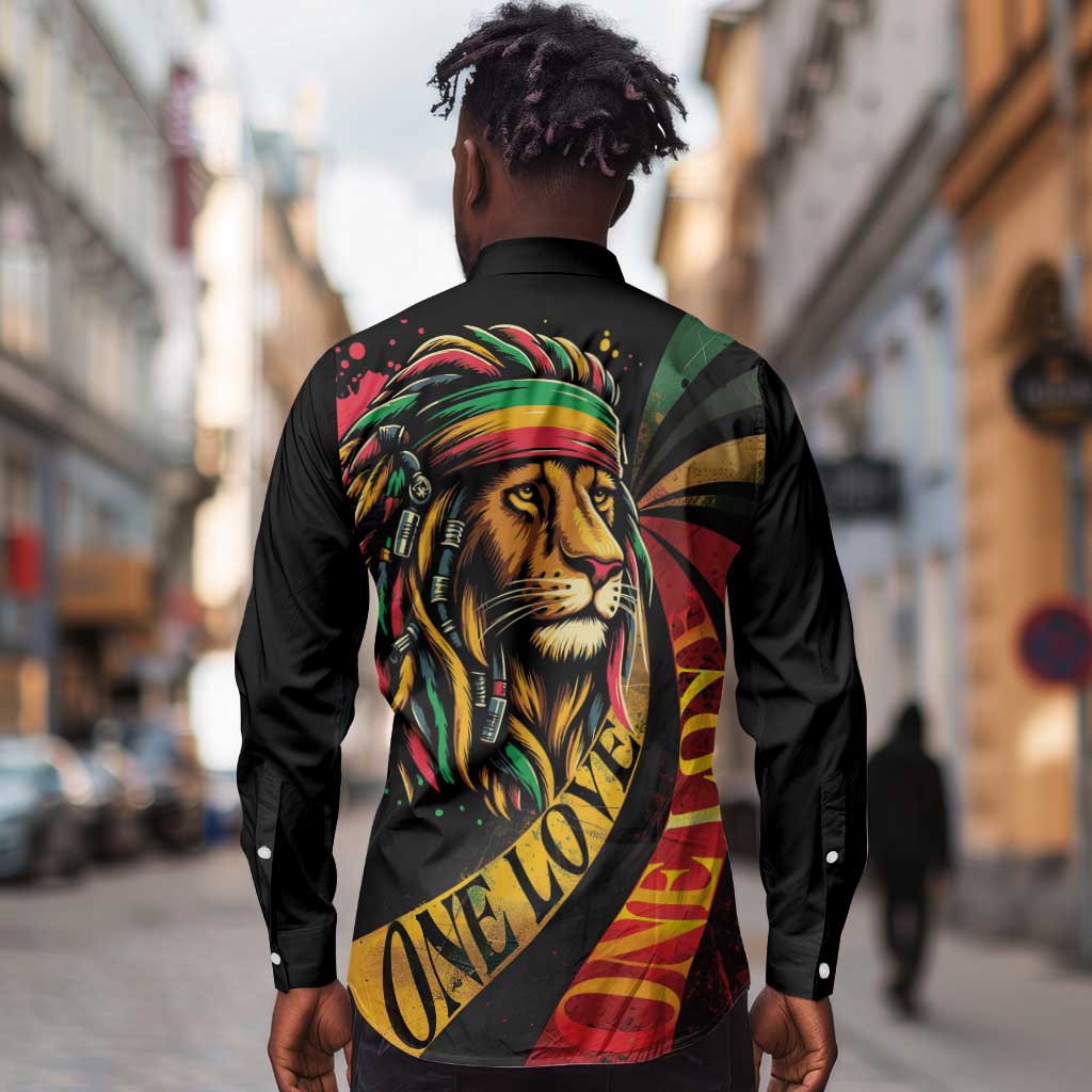 Black Jamaican Long Sleeve Button Shirt Rastafarian Lion One Love LT9