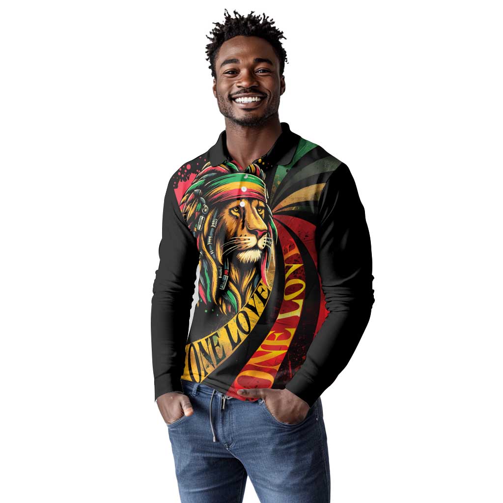 Black Jamaican Long Sleeve Polo Shirt Rastafarian Lion One Love LT9