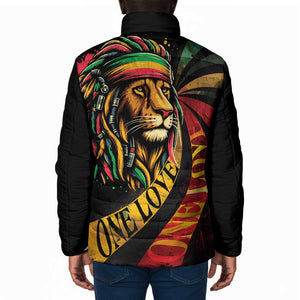 Black Jamaican Padded Jacket Rastafarian Lion One Love