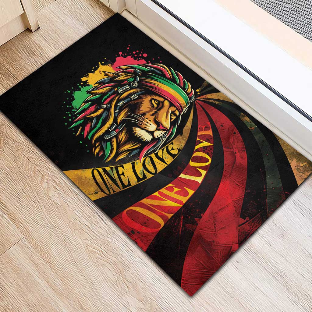 Black Jamaican Rubber Doormat Rastafarian Lion One Love