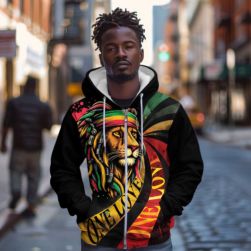 Black Jamaican Zip Hoodie Rastafarian Lion One Love LT9