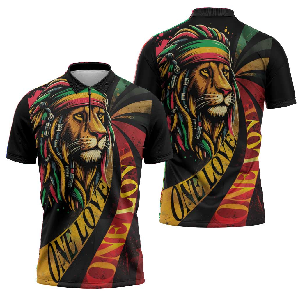 Black Jamaican Zipper Polo Shirt Rastafarian Lion One Love