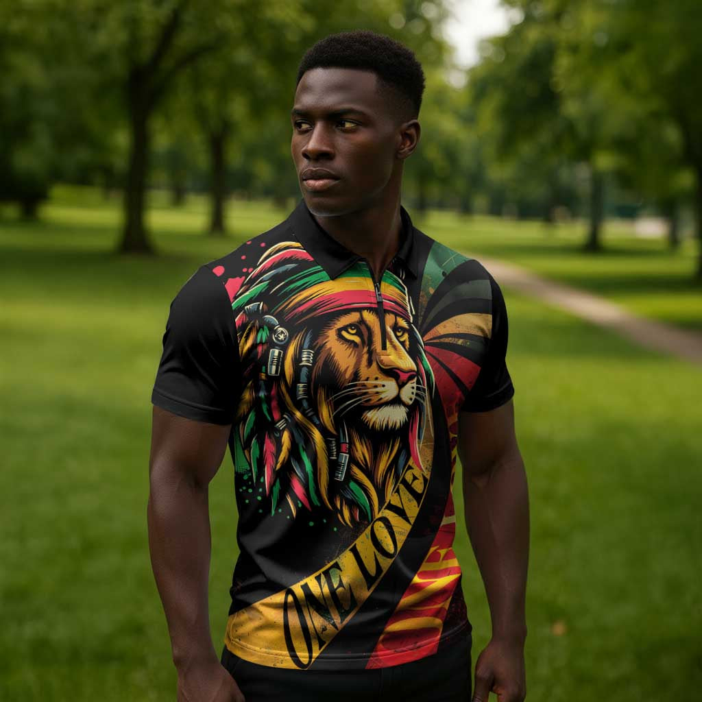 Black Jamaican Zipper Polo Shirt Rastafarian Lion One Love