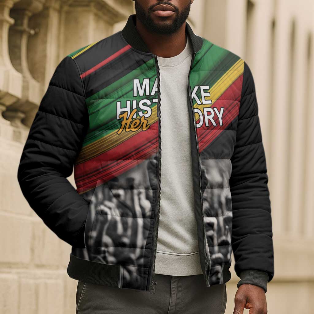 African-American History Month Bomber Puffer Jacket Black Power Hand Make His-Herstories