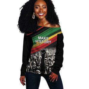 African-American History Month Off Shoulder Sweater Black Power Hand Make His-Herstories