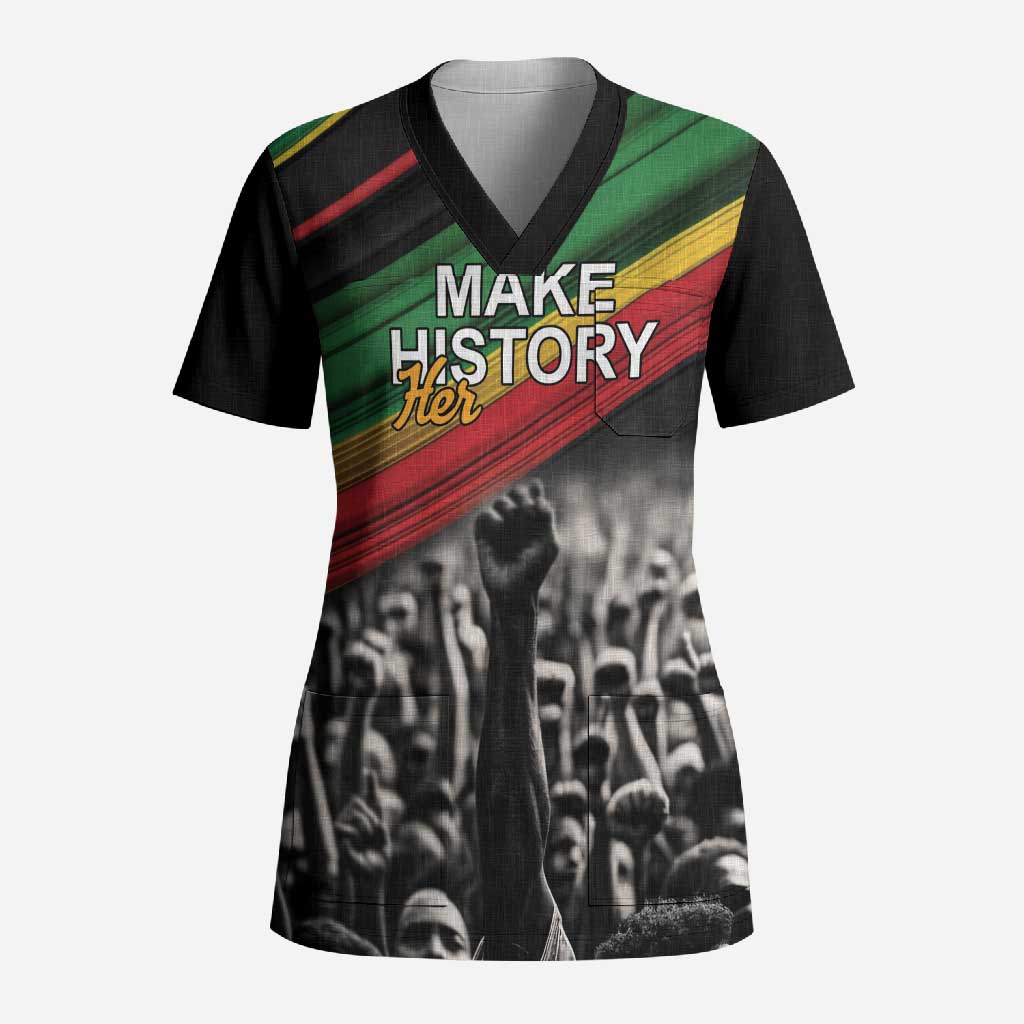 African-American History Month Scrub Top Black Power Hand Make His-Herstories