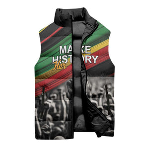 African-American History Month Sleeveless Puffer Jacket Black Power Hand Make His-Herstories