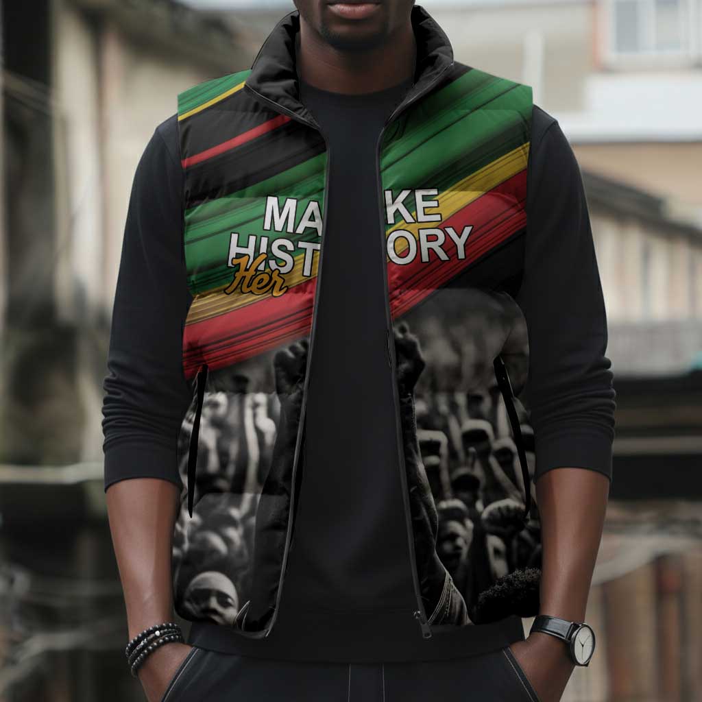 African-American History Month Sleeveless Puffer Jacket Black Power Hand Make His-Herstories