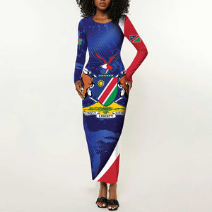 Custom Cricket African Namibia Long Sleeve Bodycon Dress Coat of arms Namibian Pattern - African Pride