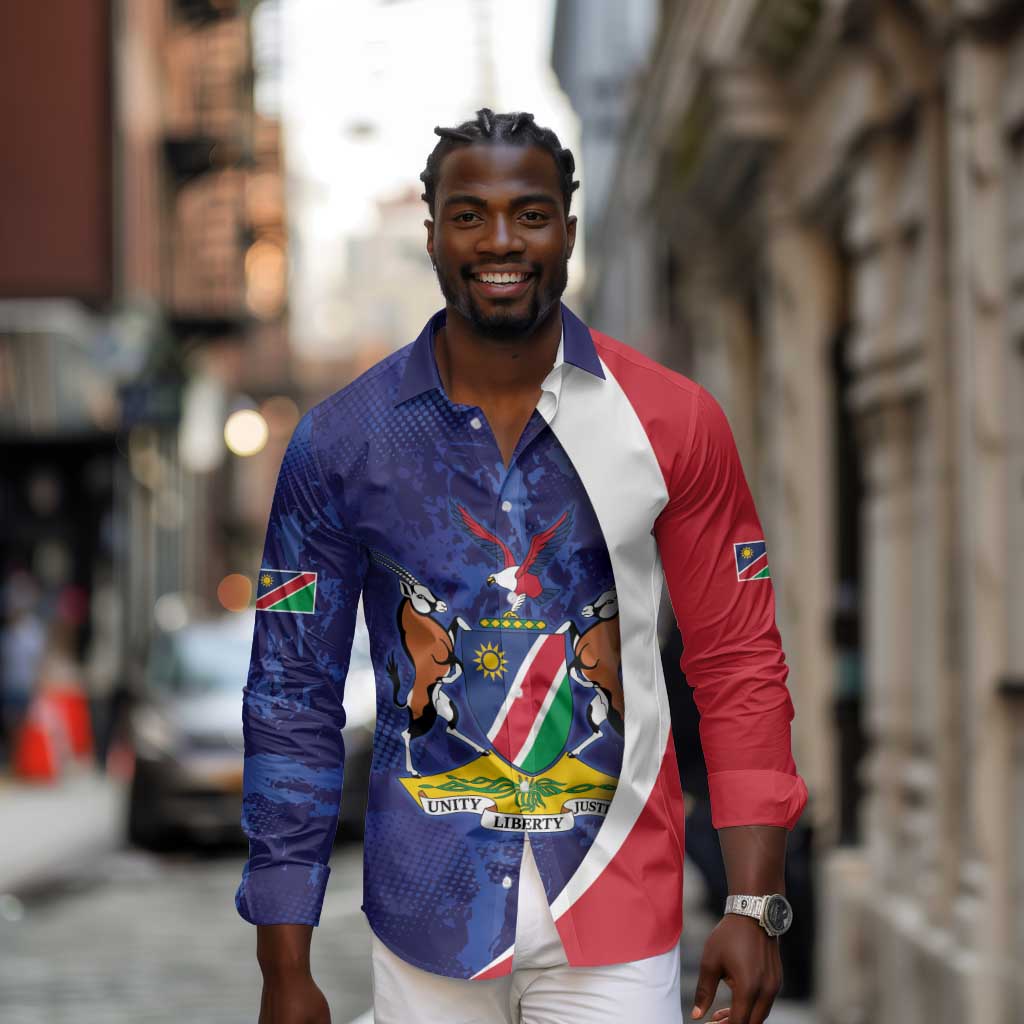 Custom Cricket African Namibia Long Sleeve Button Shirt Coat of arms Namibian Pattern - African Pride