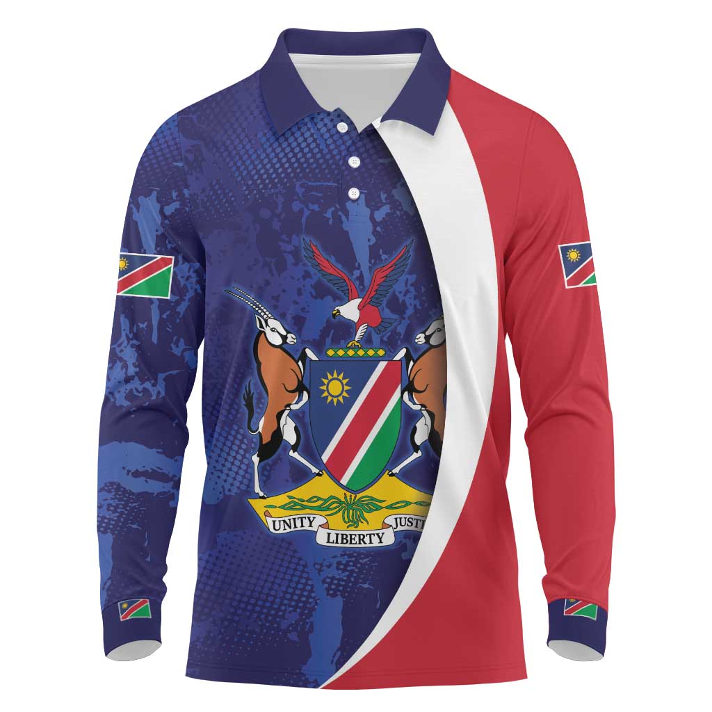 Custom Cricket African Namibia Long Sleeve Polo Shirt Coat of arms Namibian Pattern - African Pride