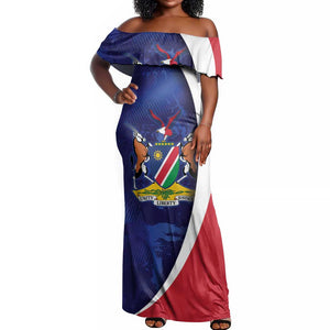 Custom Cricket African Namibia Off Shoulder Maxi Dress Coat of arms Namibian Pattern - African Pride