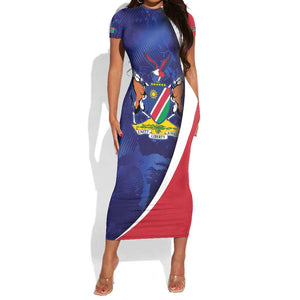 Custom Cricket African Namibia Short Sleeve Bodycon Dress Coat of arms Namibian Pattern - African Pride