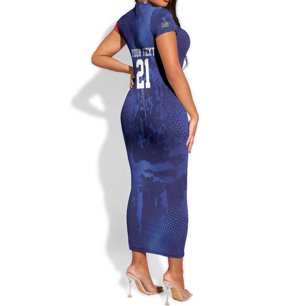 Custom Cricket African Namibia Short Sleeve Bodycon Dress Coat of arms Namibian Pattern - African Pride