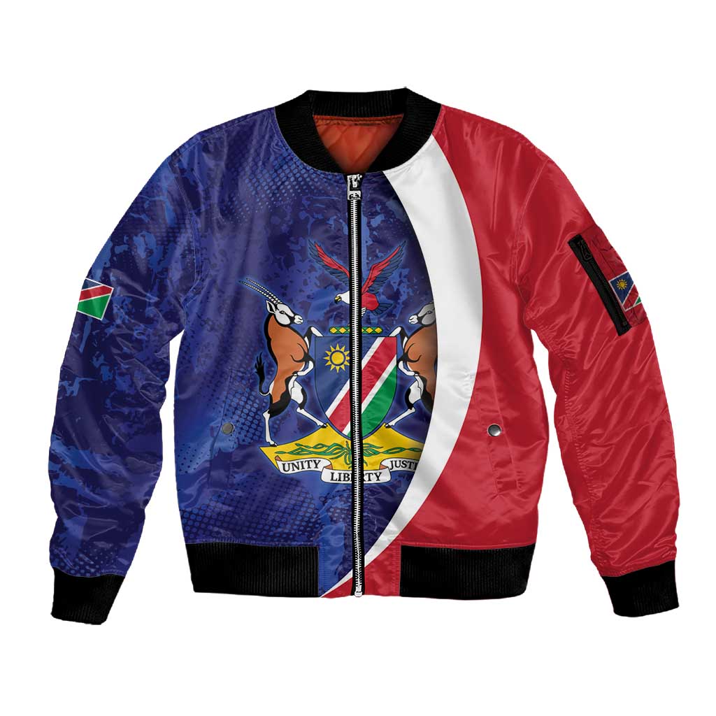 Custom Cricket African Namibia Sleeve Zip Bomber Jacket Coat of arms Namibian Pattern - African Pride