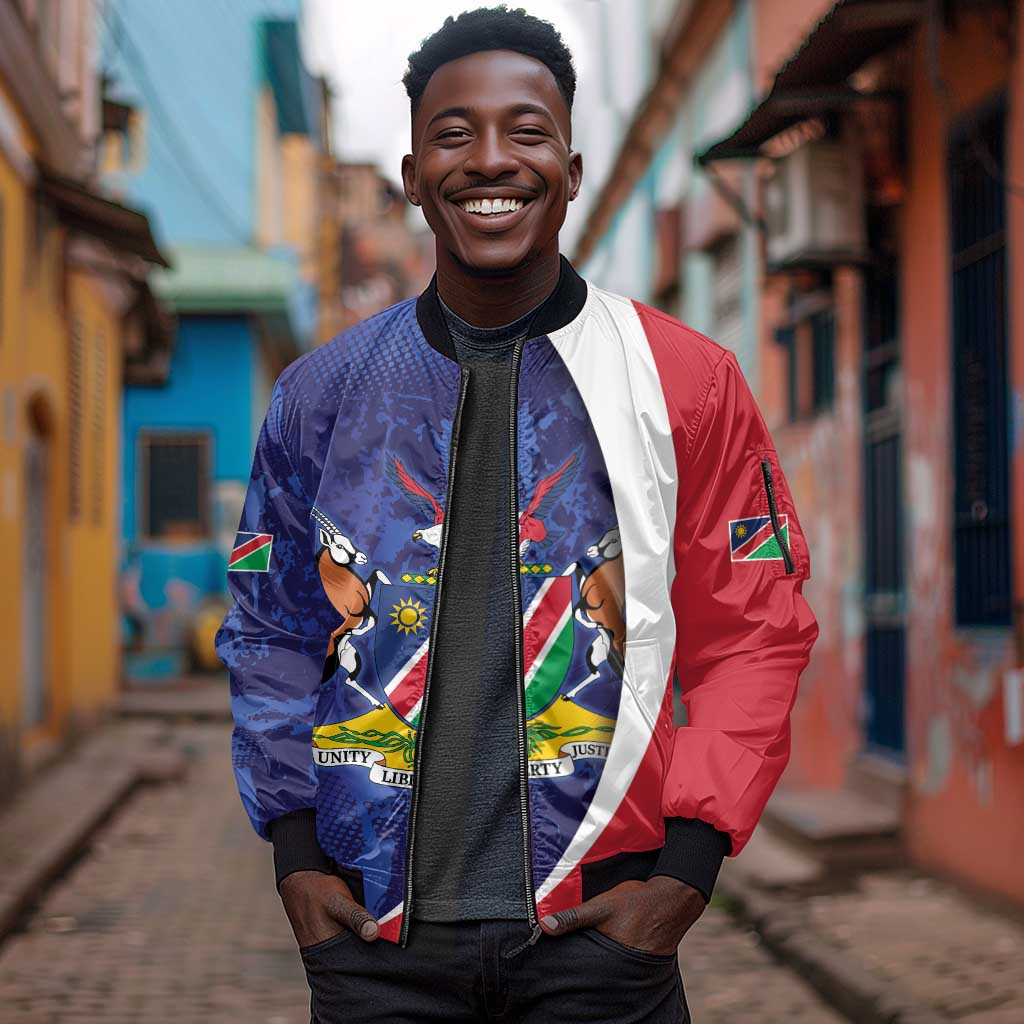 Custom Cricket African Namibia Sleeve Zip Bomber Jacket Coat of arms Namibian Pattern - African Pride