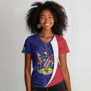 Custom Cricket African Namibia Women V-Neck T-Shirt Coat of arms Namibian Pattern - African Pride
