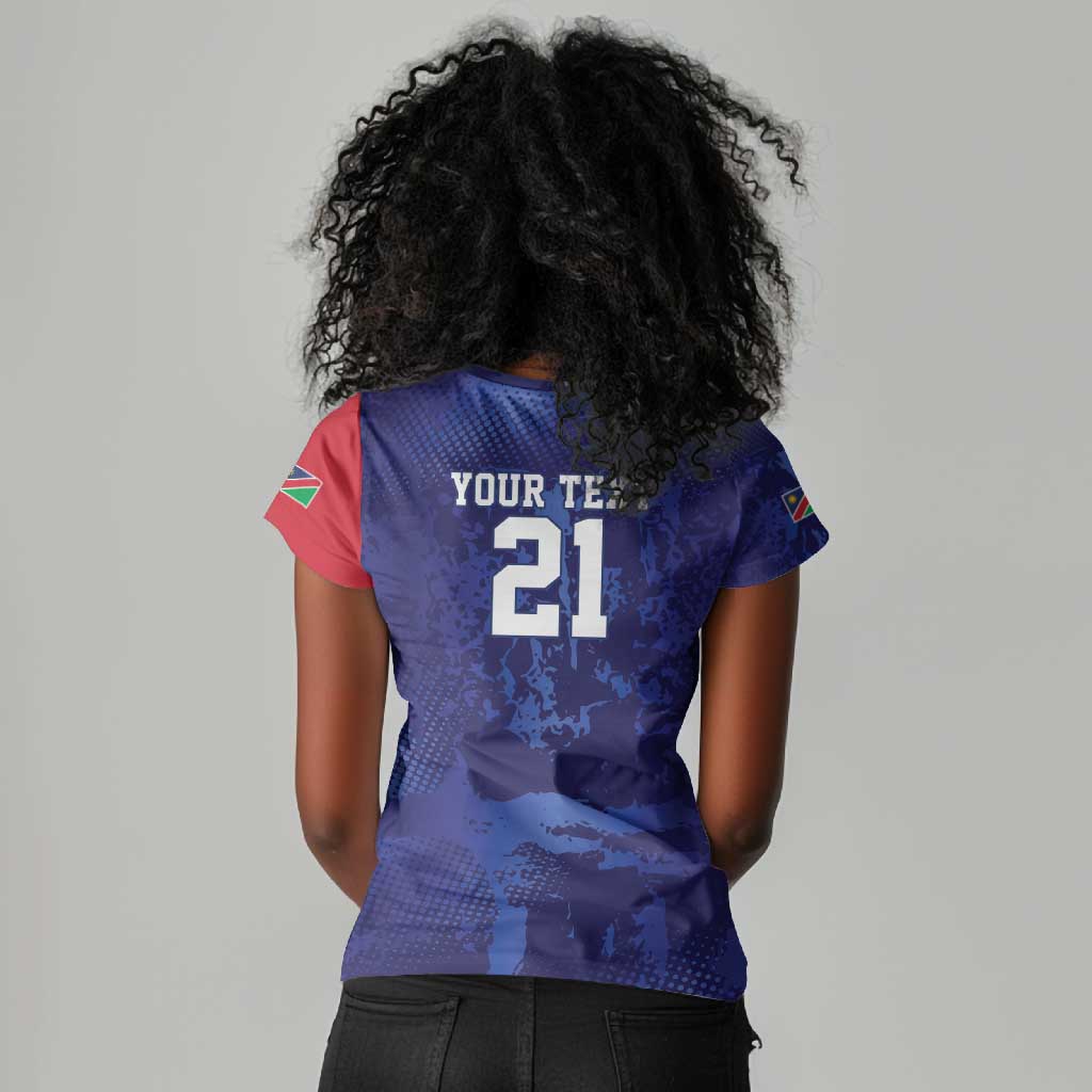 Custom Cricket African Namibia Women V-Neck T-Shirt Coat of arms Namibian Pattern - African Pride