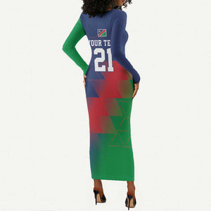 Custom Cricket African Namibia Long Sleeve Bodycon Dress Namibian Gold Sun Flag Motif - African Pride