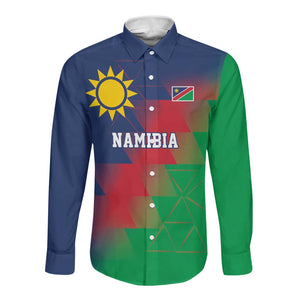 Custom Cricket African Namibia Long Sleeve Button Shirt Namibian Gold Sun Flag Motif - African Pride
