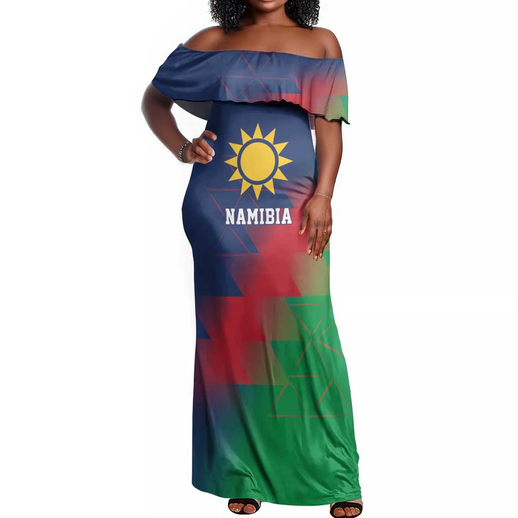 Custom Cricket African Namibia Off Shoulder Maxi Dress Namibian Gold Sun Flag Motif - African Pride