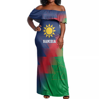 Custom Cricket African Namibia Off Shoulder Maxi Dress Namibian Gold Sun Flag Motif - African Pride