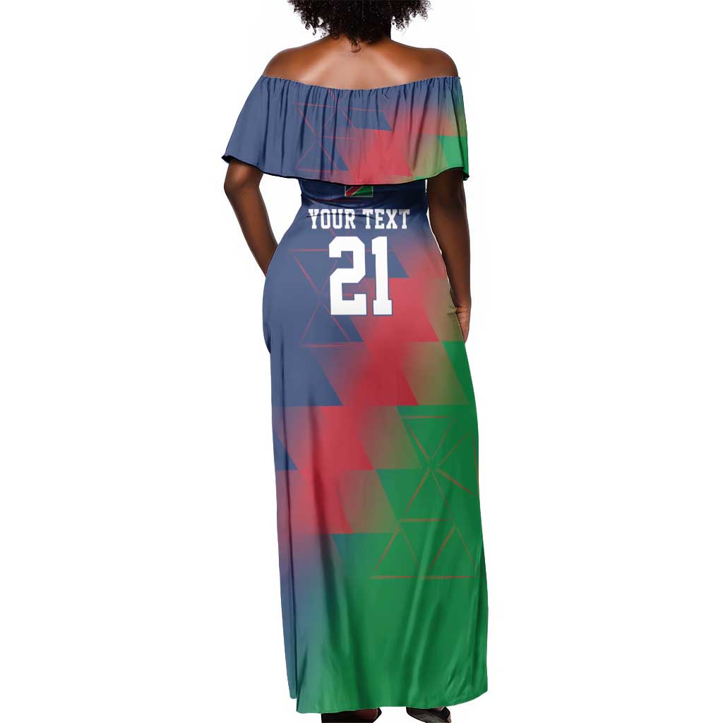 Custom Cricket African Namibia Off Shoulder Maxi Dress Namibian Gold Sun Flag Motif - African Pride