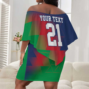 Custom Cricket African Namibia Off Shoulder Short Dress Namibian Gold Sun Flag Motif - African Pride