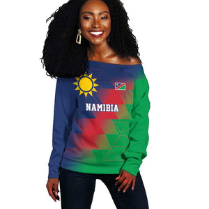 Custom Cricket African Namibia Off Shoulder Sweater Namibian Gold Sun Flag Motif - African Pride