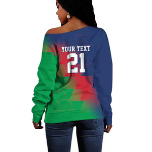 Custom Cricket African Namibia Off Shoulder Sweater Namibian Gold Sun Flag Motif - African Pride