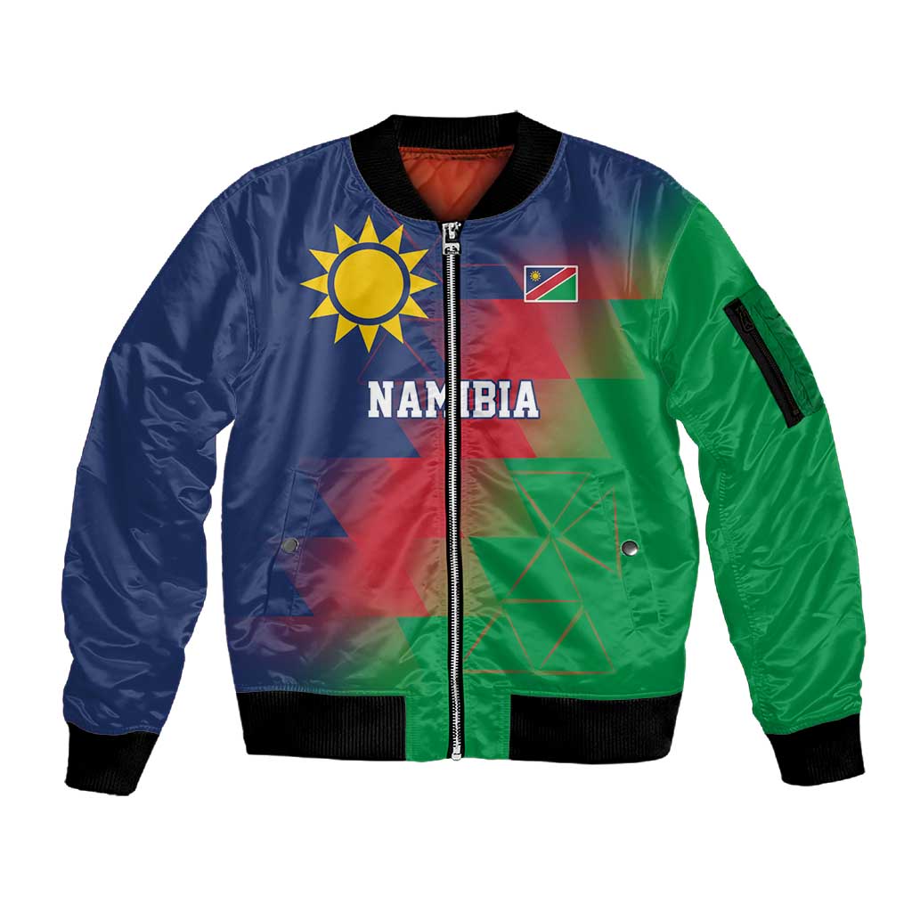 Custom Cricket African Namibia Sleeve Zip Bomber Jacket Namibian Gold Sun Flag Motif - African Pride
