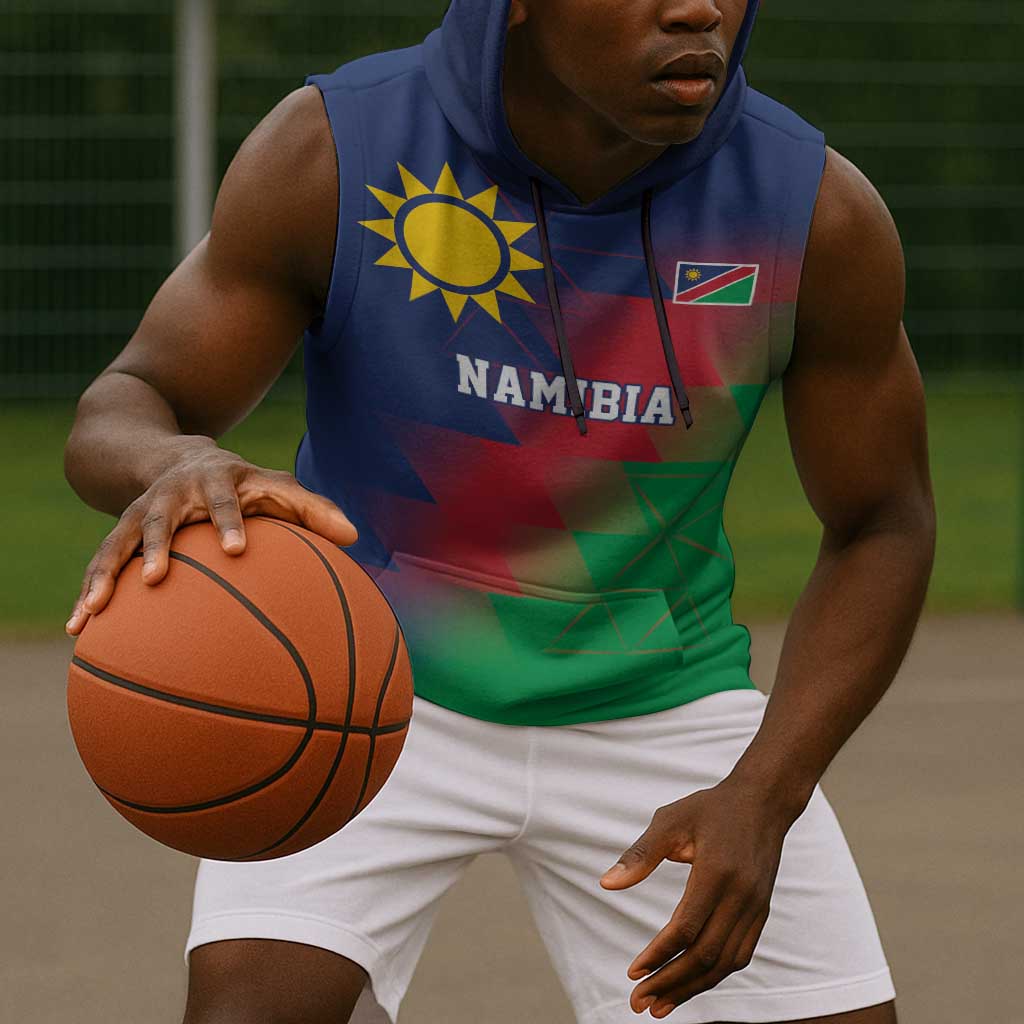 Custom Cricket African Namibia Sleeveless Hoodie Namibian Gold Sun Flag Motif - African Pride