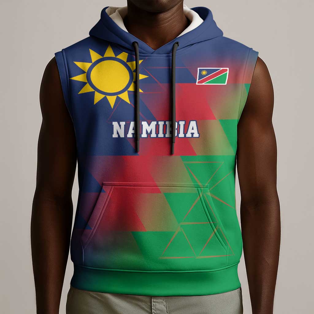 Custom Cricket African Namibia Sleeveless Hoodie Namibian Gold Sun Flag Motif - African Pride