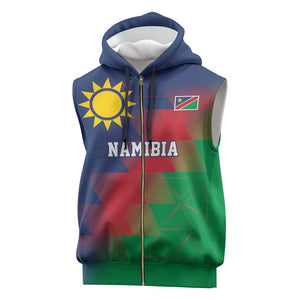 Custom Cricket African Namibia Sleeveless Zip Hoodie Namibian Gold Sun Flag Motif - African Pride