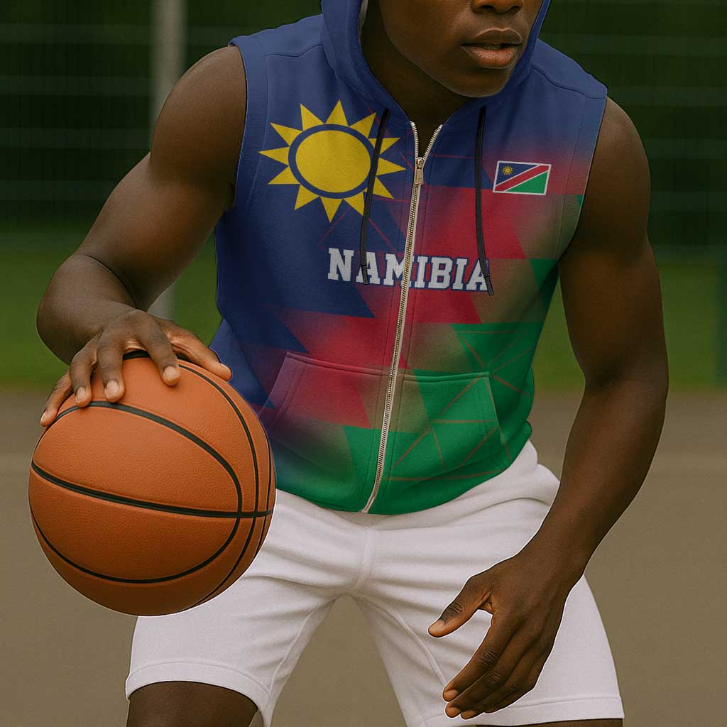 Custom Cricket African Namibia Sleeveless Zip Hoodie Namibian Gold Sun Flag Motif - African Pride