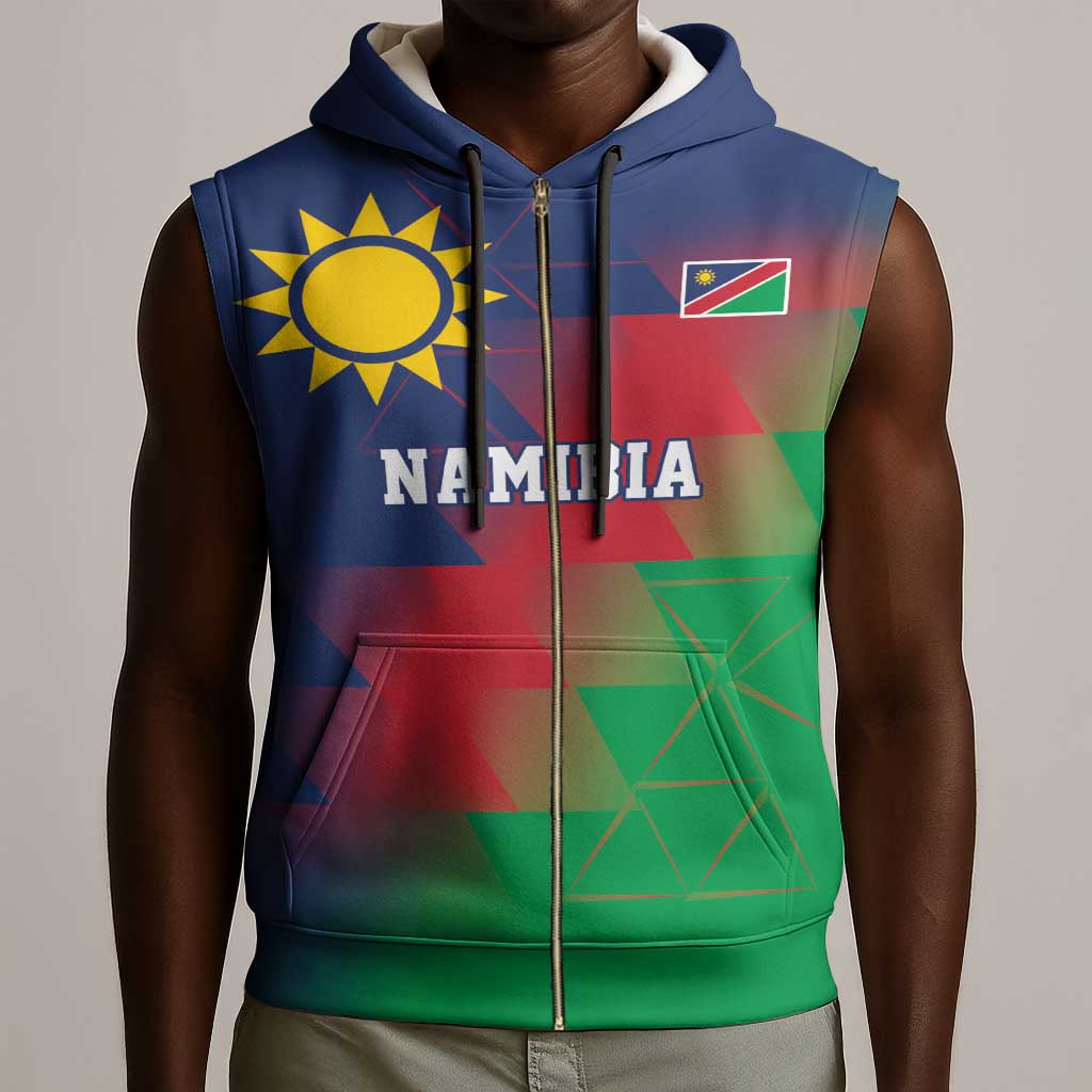 Custom Cricket African Namibia Sleeveless Zip Hoodie Namibian Gold Sun Flag Motif - African Pride