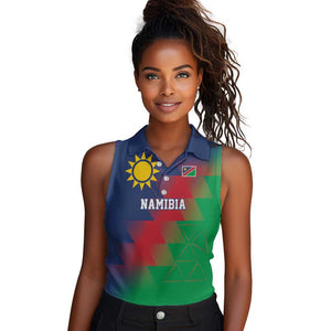 Custom Cricket African Namibia Women Sleeveless Polo Shirt Namibian Gold Sun Flag Motif - African Pride