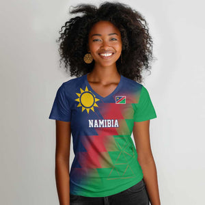 Custom Cricket African Namibia Women V-Neck T-Shirt Namibian Gold Sun Flag Motif - African Pride