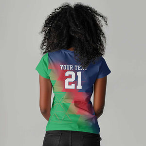 Custom Cricket African Namibia Women V-Neck T-Shirt Namibian Gold Sun Flag Motif - African Pride