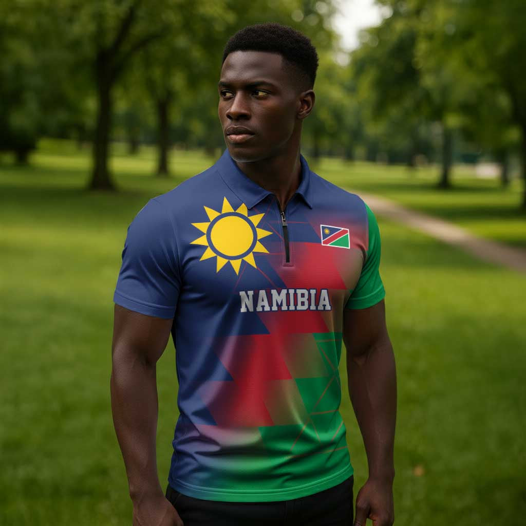 Custom Cricket African Namibia Zipper Polo Shirt Namibian Gold Sun Flag Motif
