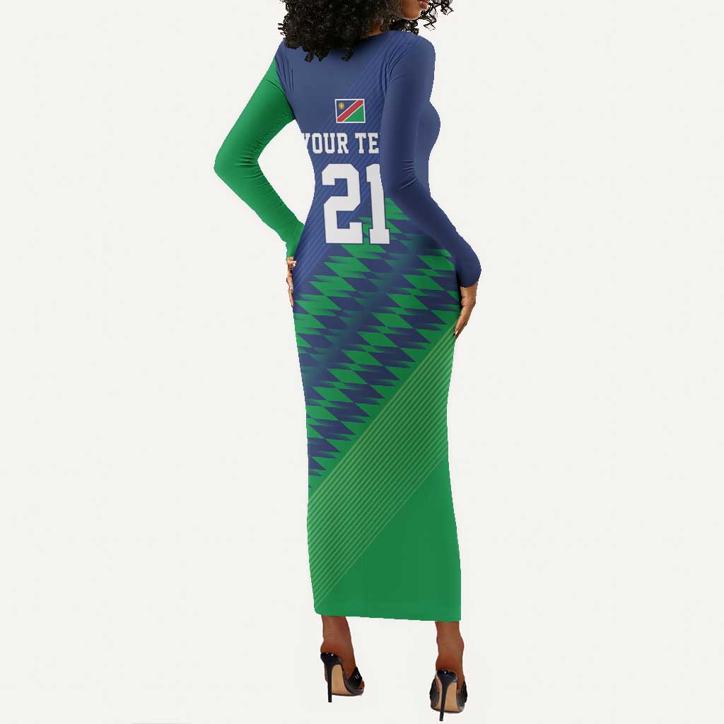 Custom Cricket African Namibia Long Sleeve Bodycon Dress Namibian Sporty Pattern Flag Motif - African Pride