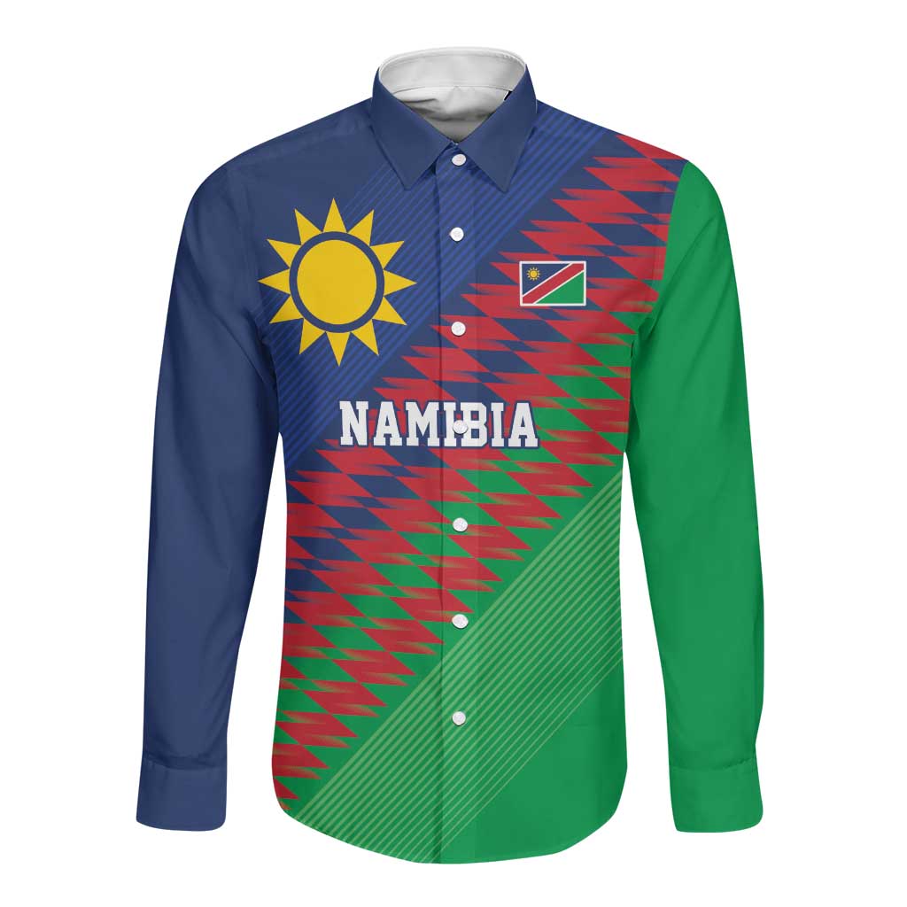 Custom Cricket African Namibia Long Sleeve Button Shirt Namibian Sporty Pattern Flag Motif - African Pride